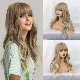 High Temperature Silk Wig With Long Curly Bangs (Color: Khaki)