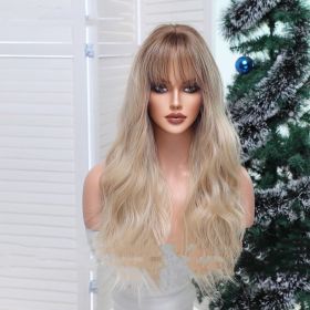 Qi Bangs Gradual Blonde Brown Long Curly Wig Female (Color: Brown)